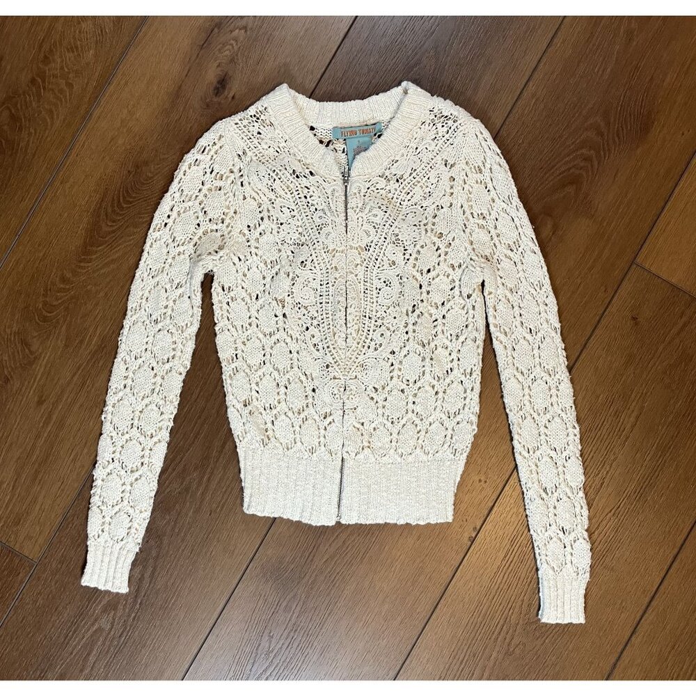 Flying Tomato Ivory Full Zip Crochet Cardigan Sweater Size S